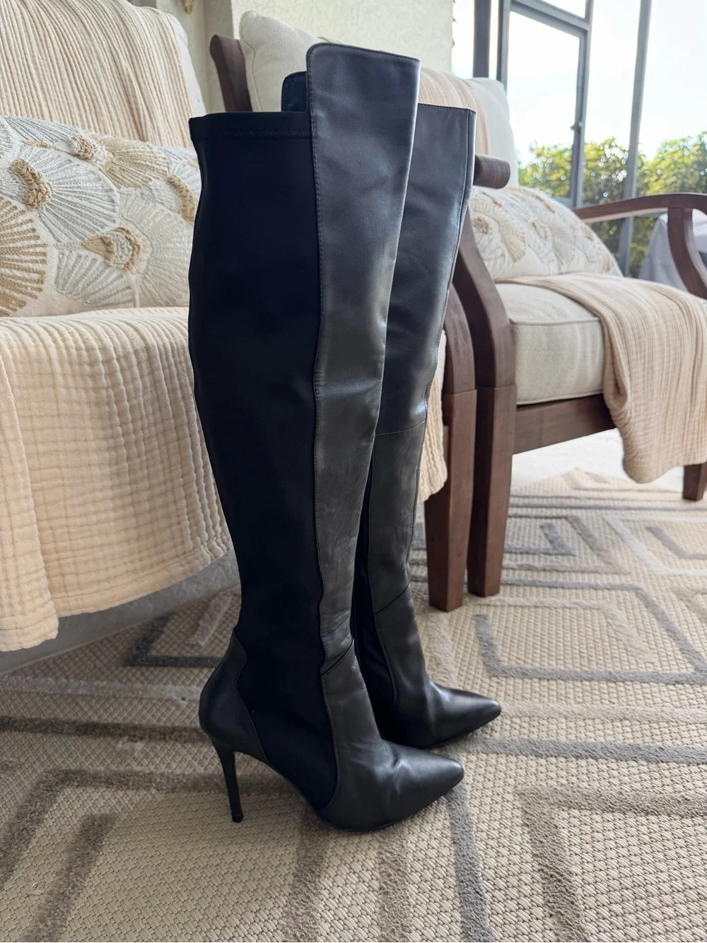 Charles David Black Leather Over the Knee Boots Size 8 Pointed Toe Stiletto